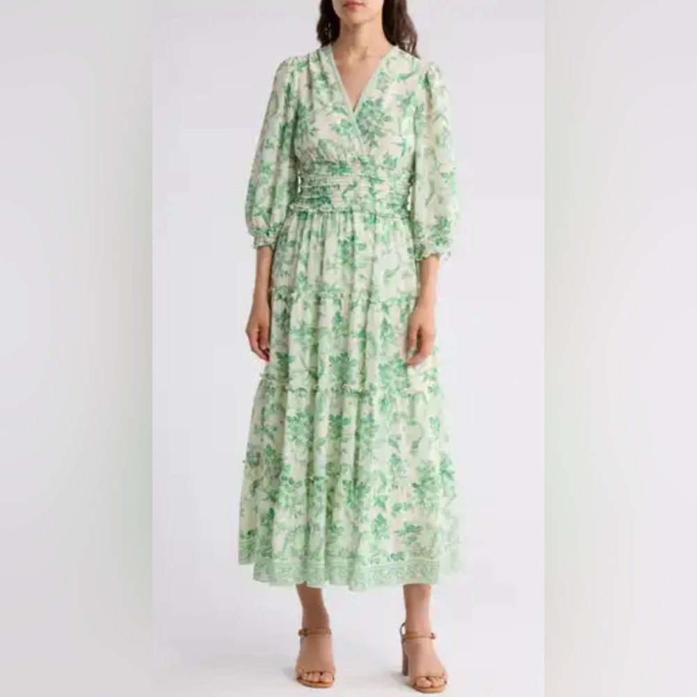 Max Studio Puff Sleeve Floral/Bird Print Tiered Maxi Dress -gorgeous print & cut